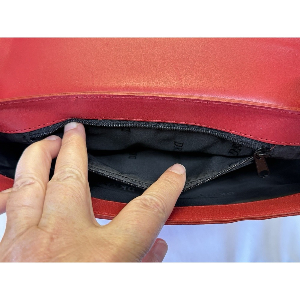Vtg DKNY Logo Red Leather Small Shoulder Bag Purse Y2K Academia W/ Dust Bag - Picture 7 of 12
